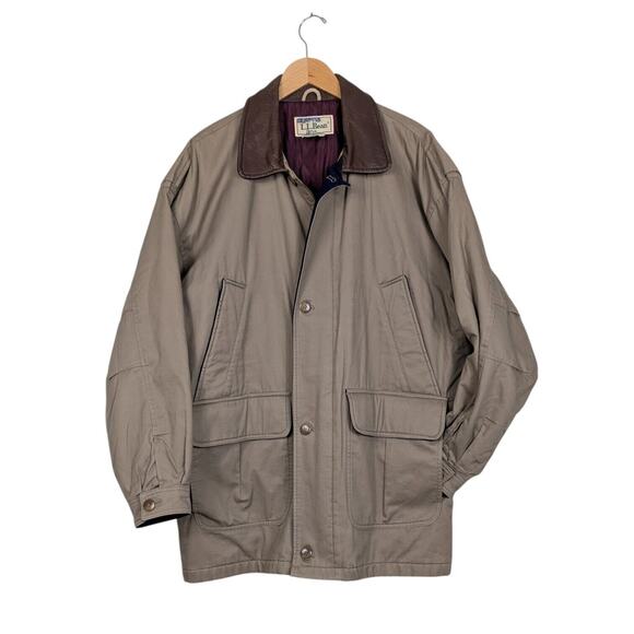 Vintage LL Bean Barn Jacket Chore Coat Mens L Tan Brown Leather Wool 80s 90s - Picture 1 of 16
